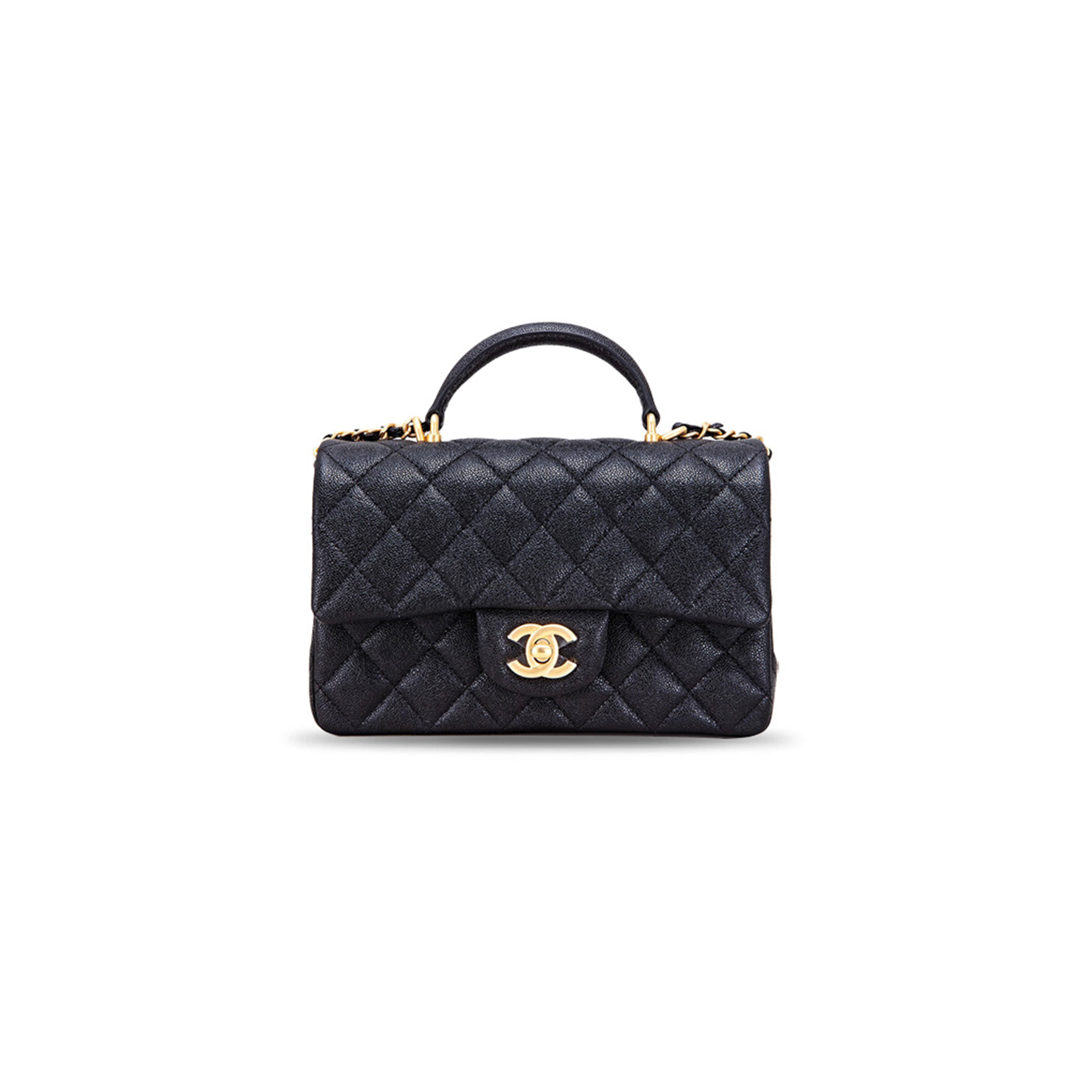 CHANEL BLACK QUILTED GRAINED CALFSKIN MINI FLAP WITH TOP HANDLE GOLD HARDWARE (20*12*6cm)